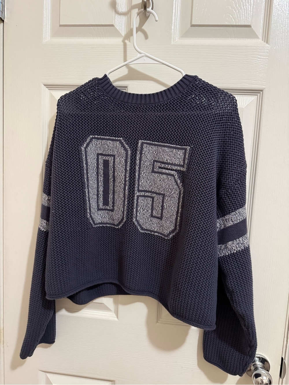Arizona Jean Company Navy Cropped Knit Sweater with Gray '05' Graphic